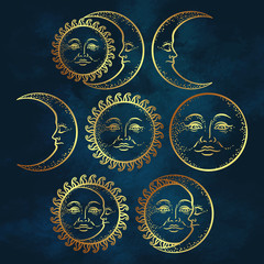 Boho chic flash tattoo design hand drawn art gold sun and crescent moon set. Antique style design vector illustration