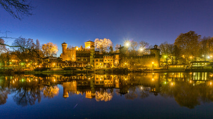 Castle at the park of valentino in turin. Panorama of Turin