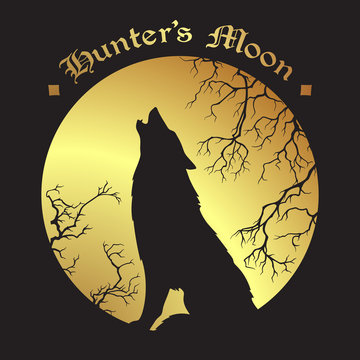 Silhouette of wolf howling at the full hunter's moon vector illustration. Pagan totem, wiccan familiar spirit art