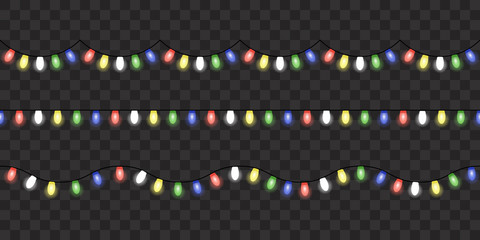 Image with Christmas lights isolated on transparent background. Vector illustration of glowing lights for Xmas holiday. Set of Christmas decorations. Set of color garlands. Realistic seamless elements