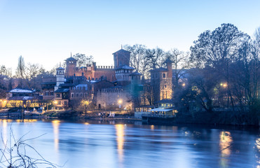 Castle at the park of valentino in turin. Panorama of Turin
