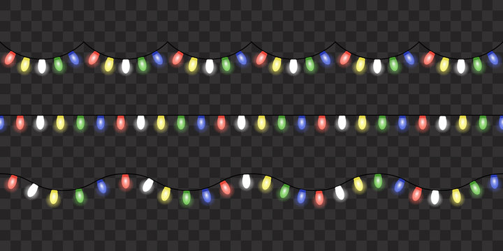 Image with Christmas lights isolated on transparent background. Vector illustration of glowing lights for Xmas holiday. Set of Christmas decorations. Set of color garlands. Realistic seamless elements