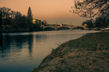Obraz premium Bridge, panorama of turin at sunset
