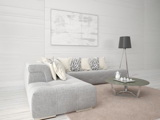 Mock up a fashionable living room with a corner sofa on a light background.