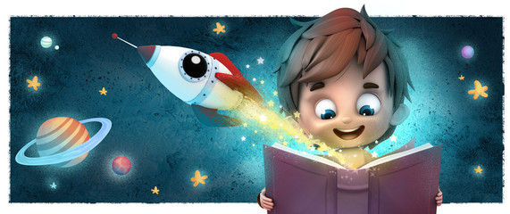 niño con cohete y libro