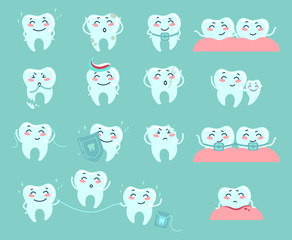 Obraz premium Cute cartoon teeth. Dentistry problems and treat