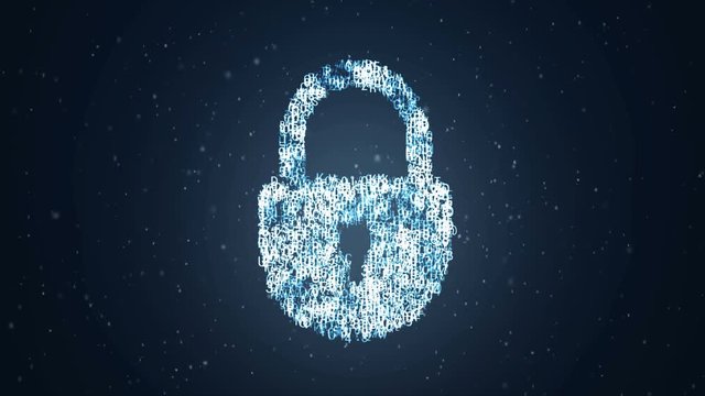 Abstract animation of a digital padlock icon appears from the letters of the alphabet