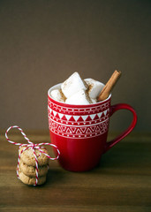 Hot Beverage Cocoa Marshmallow Cinnamon Powder Stick in the Scandinavian Christmas Cup with Pattern Isolated on Dark Background Natural Light Selective Focus