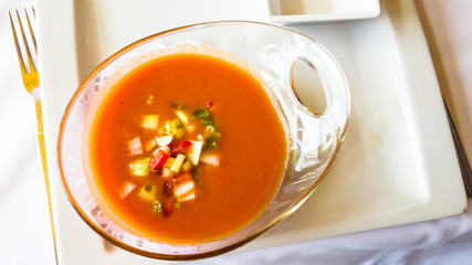 Spanish tomato gazpacho soup in the plate.