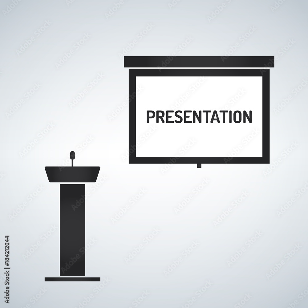 Poster empty projection screen, presentation board, pulpit with microphone