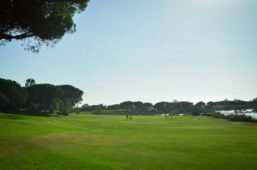 Sunny day and golf field natural scenic outdoors, bright sky background. Sunshine fitness leisure lifestyle space