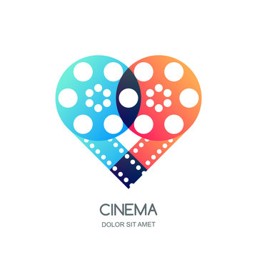 Cinema festival vector logo, icon, emblem design template. Overlapping film reel and filmstrip in heart shape. Video like symbol. Home movie time, media and watching tv concept.