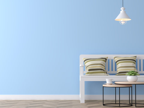 Modern vintage living room with blue wall 3d rendering image,There are blue paint wall and wood floor ,Funished with white wood bench and vintage pillows