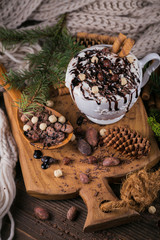 Christmas or New Year composition with hot chocolate or cocoa drink with whipped cream