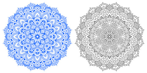 Indian pattern. Mandala. The flower of the mandala. Set from the Indian mandala is painted in dark blue, light blue, white, black and white contour of the mandala. For coloring, anti-stress. Eps 10.