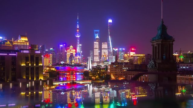 night time illuminated shanghai city downtown pudong rooftop reflection panorama 4k timelapse china
