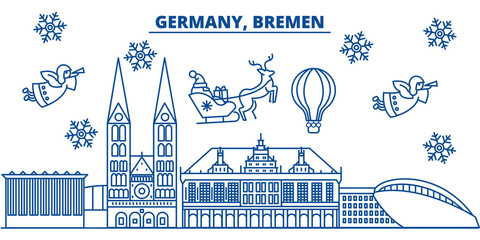 Germany, Bremen winter city skyline. Merry Christmas, Happy New Year decorated banner with Santa Claus.Winter greeting line card.Flat, outline vector. Linear christmas snow illustration - obrazy, fototapety, plakaty