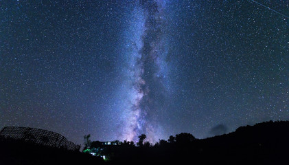 Milky Way and tree. Amazing rural scene with starry sky at night in Nepal. Space background with...