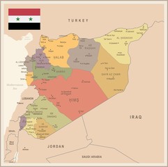 Syria - vintage map and flag - Detailed Vector Illustration