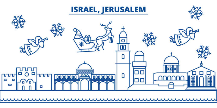 Israel, Jerusalim winter city skyline. Merry Christmas, Happy New Year decorated banner with Santa Claus.Winter greeting line card.Flat, outline vector. Linear christmas snow illustration