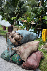 Kokosnussschalen werden am Strassenrand zu Holzkohle verarbeitet