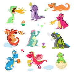 Acrylglas douchewanden met foto Draak Dragon cartoon schattige libel dino karakter baby dinosaurus voor kinderen sprookjesachtige dino illustratie geïsoleerd op een witte achtergrond