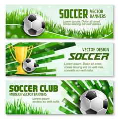 Football sport 3d banner of soccer ball and trophy