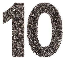 Arabic numeral 10, ten, from black a natural charcoal, isolated on white background