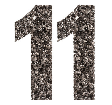 Arabic numeral 11, eleven, from black a natural charcoal, isolated on white background
