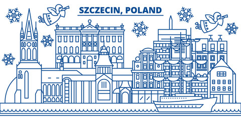 Poland, Szczecin winter city skyline. Merry Christmas, Happy New Year decorated banner with Santa Claus.Winter greeting line card.Flat, outline vector. Linear christmas snow illustration - obrazy, fototapety, plakaty