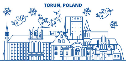 Poland, Torun winter city skyline. Merry Christmas, Happy New Year decorated banner with Santa Claus.Winter greeting line card.Flat, outline vector. Linear christmas snow illustration - obrazy, fototapety, plakaty