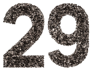 Arabic numeral 29, twenty nine, from black a natural charcoal, isolated on white background