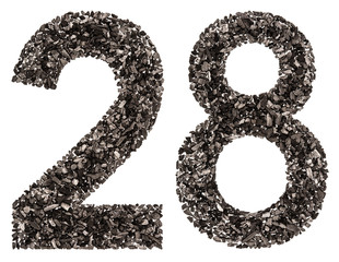 Arabic numeral 28, twenty eight, from black a natural charcoal, isolated on white background