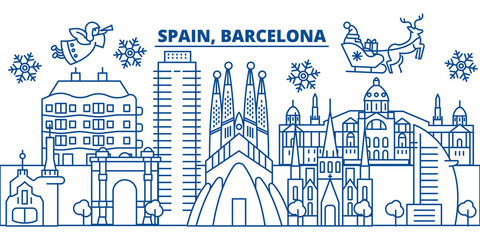 Spain, Barcelona winter city skyline. Merry Christmas, Happy New Year decorated banner with Santa Claus.Winter greeting line card.Flat, outline vector. Linear christmas snow illustration