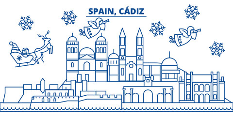 Spain, Cadiz winter city skyline. Merry Christmas, Happy New Year decorated banner with Santa Claus.Winter greeting line card.Flat, outline vector. Linear christmas snow illustration © iconsgraph