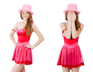 Pretty young wizard in mini pink dress isolated on white