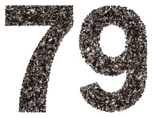 Arabic numeral 79, seventy nine, from black a natural charcoal, isolated on white background