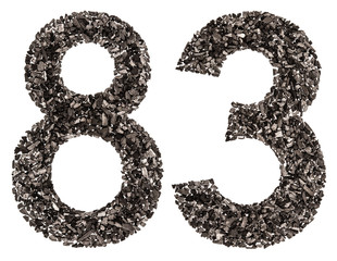 Arabic numeral 83, eighty three, from black a natural charcoal, isolated on white background