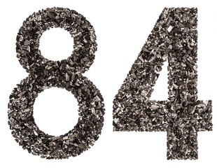 Arabic numeral 84, eighty four, from black a natural charcoal, isolated on white background