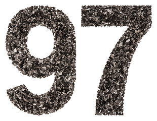 Arabic numeral 97, ninety seven, from black a natural charcoal, isolated on white background