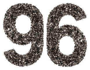 Arabic numeral 96, ninety six, from black a natural charcoal, isolated on white background