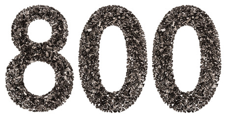 Arabic numeral 800, eight hundred, from black a natural charcoal, isolated on white background