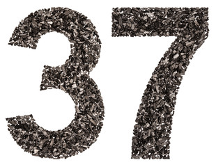 Arabic numeral 37, thirty seven, from black a natural charcoal, isolated on white background