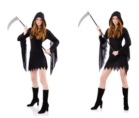 Young witch with scythe isolated on white