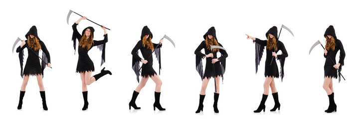 Young witch with scythe isolated on white