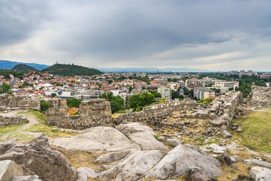 Cityscape with the ruins of the ancient town of Plovdiv on Nebet Tepe hill, Bulgaria