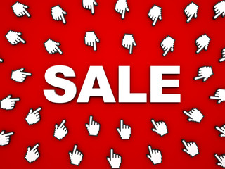 3d white sale word with hand cursors on red background with shadow. 3D rendering.