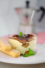 Tiramisu - traditional italian dssert decorated with a mint leaf.