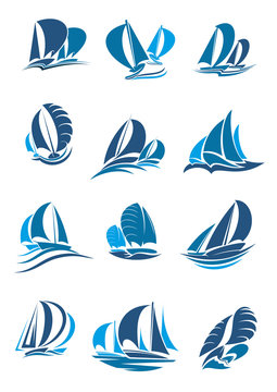 Sailboat, yacht and sailing ship with wave icon