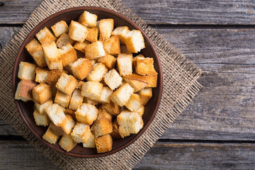 Crispy croutons in bowl